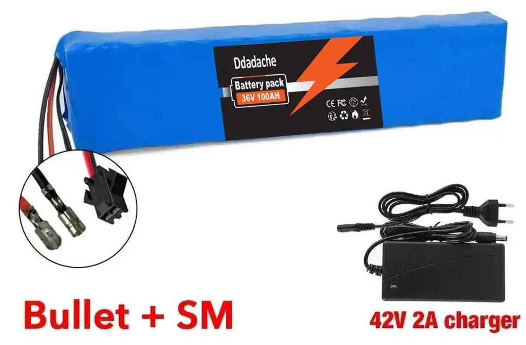 Lithium-Ionen Akkupack - 36V 100Ah - Mit BMS - Für E-Bike & E-Scooter - 150–500 W Motoren - Bullet-SM Stecker - Ladegerät enthalten