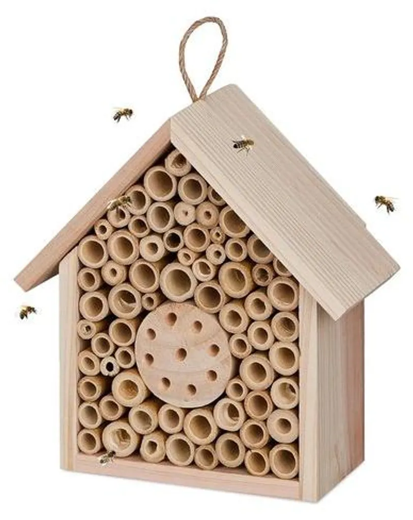 Hôtel à abeilles en bois naturel pour jardin suspendu 20,5 x 19 x 8 cm