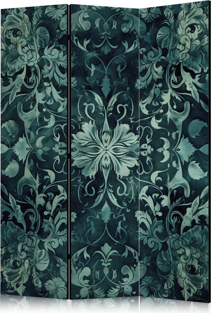 3-teiliger Einseitiger Vlies Paravent - Oriental Carpet Pattern - Emerald Ornaments and Rubbed Patterns 135x172 cm Blumen p-H-10001-z-a