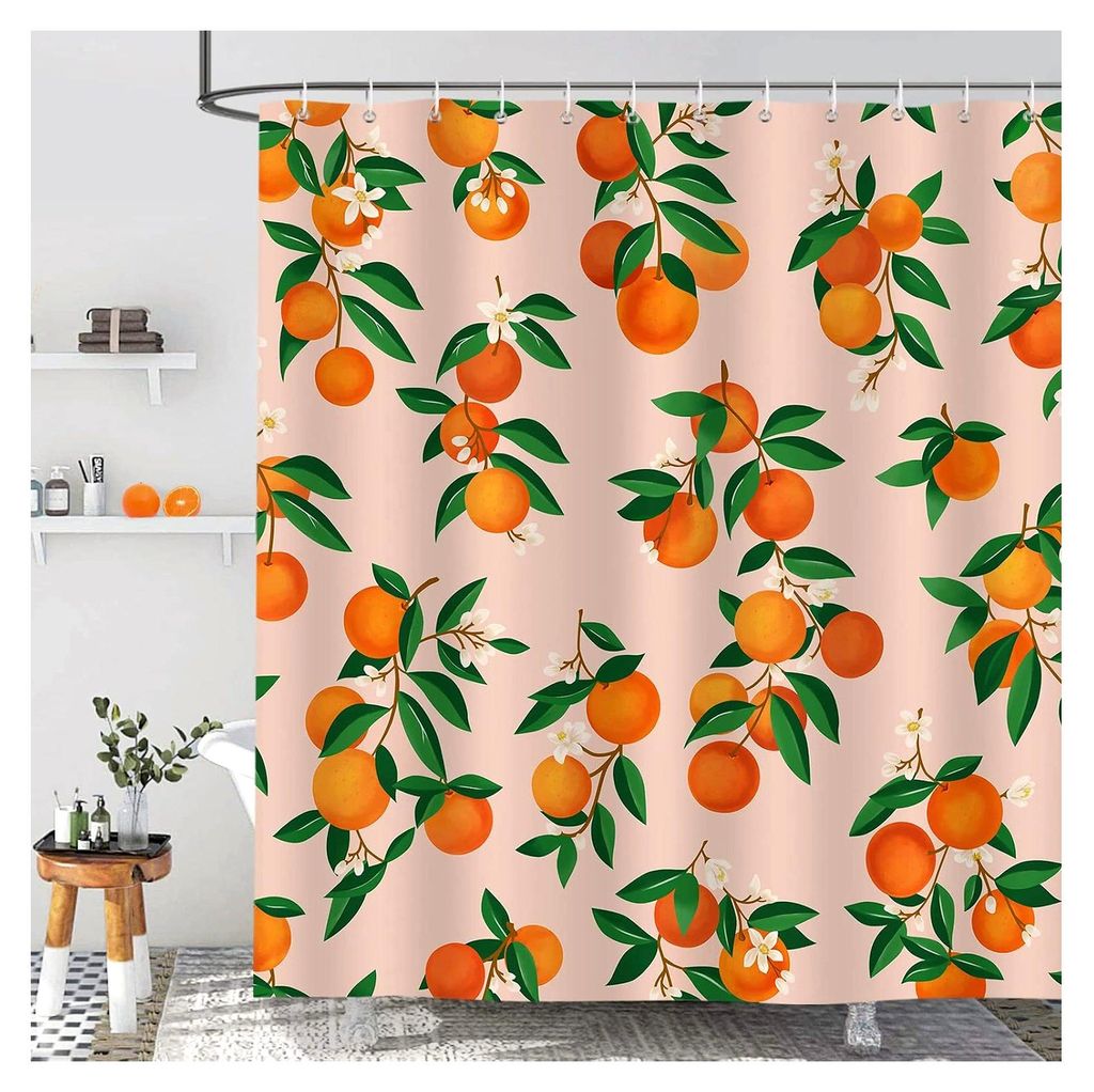 Duschvorhang Orange Früchte Zitrusgewächse Grüne Blätter 180 x 180 cm Wasserdicht Anti-Schimmel Polyester Waschbar für Badezimmer mit 12 Haken