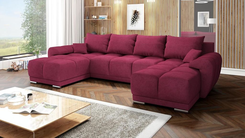 Easy4You Honey U-Form 362 x 85 x 183 cm mit Schlaffunktion und Stauraum - Schlafsofa mit Bettkasten und Kissen - Moderne Wohnzimmermöbel – Stoff...