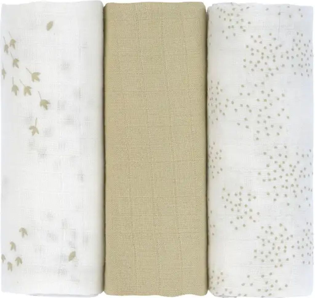 LAESSIG Swaddle & Burp Blanket M Leave olive/milky,, 3 pcs, 60 x 60 cm M LEAVE OLI/MILK