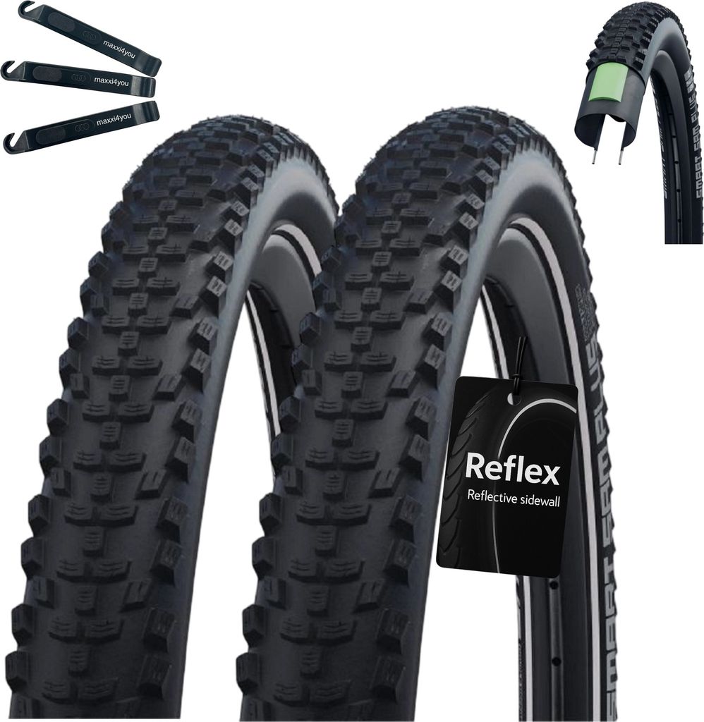 Schwalbe SMART SAM PLUS 2 x Performance E-50 Fahrradreifen DD GreenGuard Schwarz/Reflex 57-622 (29 x 2.25") inkl. maxxi4you Reifenheber