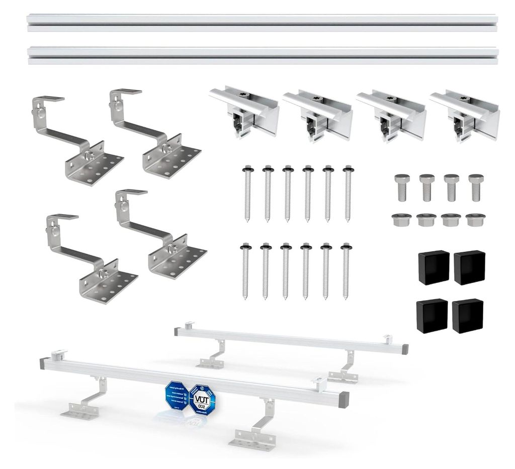PV Photovoltaik 1er Montage Set Ziegeldach Befestigung Schiene Dachhaken - inkl.Solar Aluprofil,Endkappen, 35 mm Endklammern, bis 115 cm Breite und...