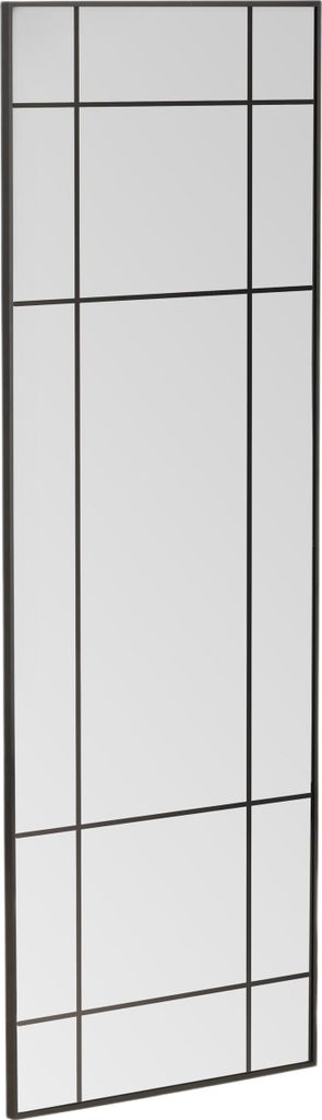 A tall, rectangular mirror with a black grid frame.