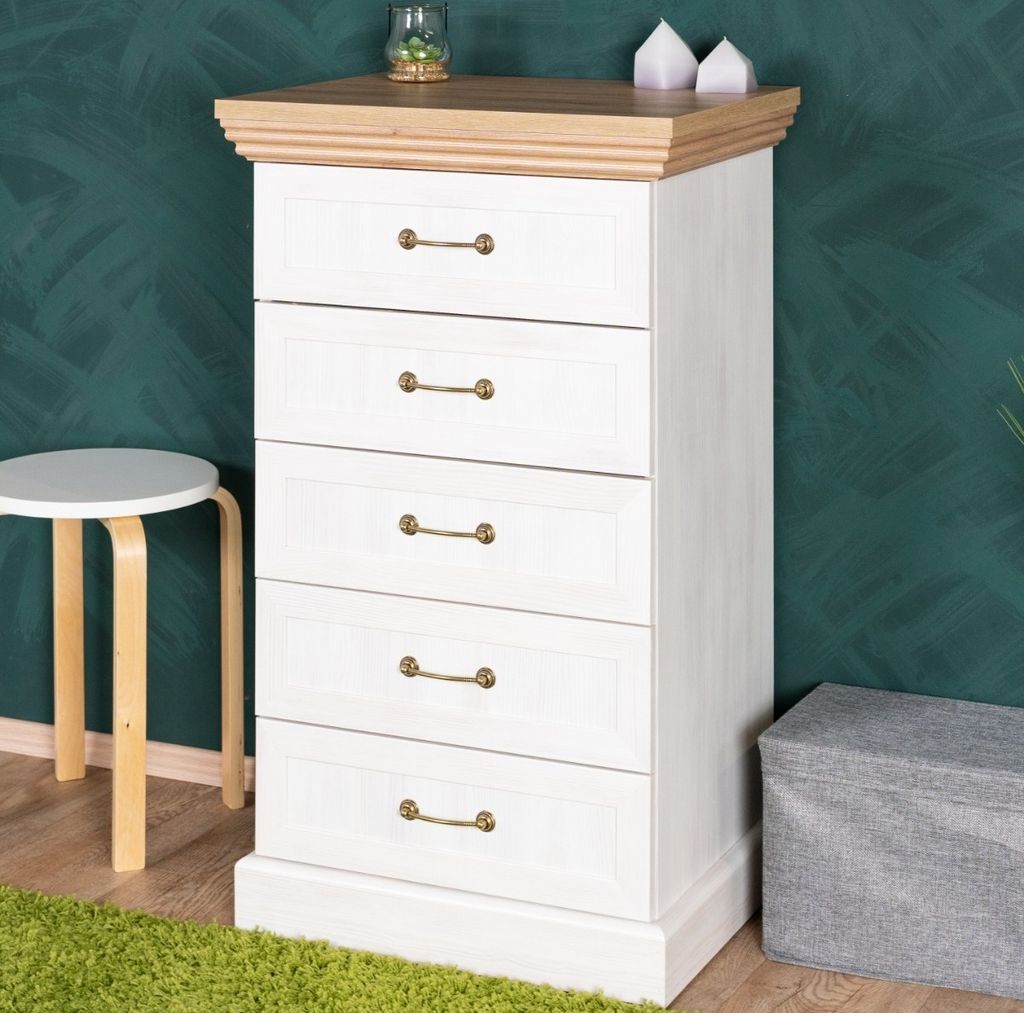 Kommode Badile 13, Farbe: Kiefer Weiß / Braun - 98 x 57 x 46 cm (H x B x T)
