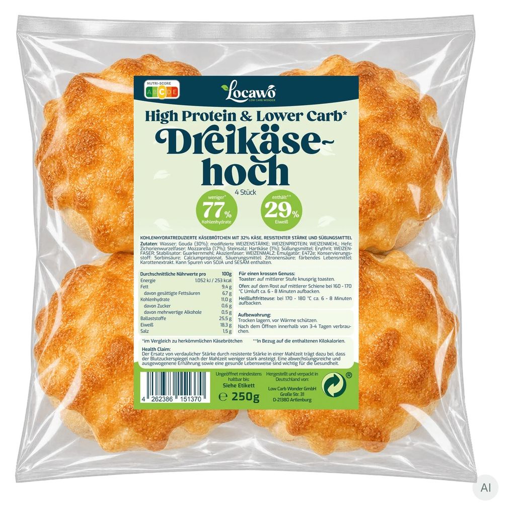 Locawo High Protein Low Carb Dreikäsehoch | Proteinreiche Produktbild 