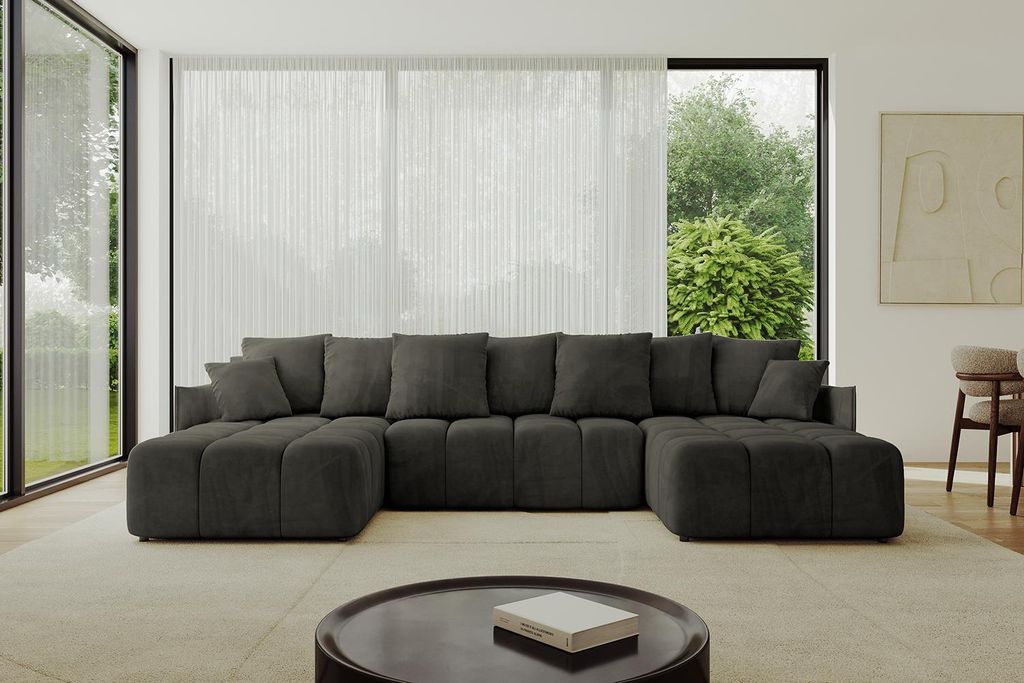 ALTDECOR Ecksofa in U-Form mit Schlaffunktion und Bettkasten LONLI-U 355x189x68 cm Schwarz - Corner Sofa Bett Eckcouch Couch L-Form Schlafcouch Aus...