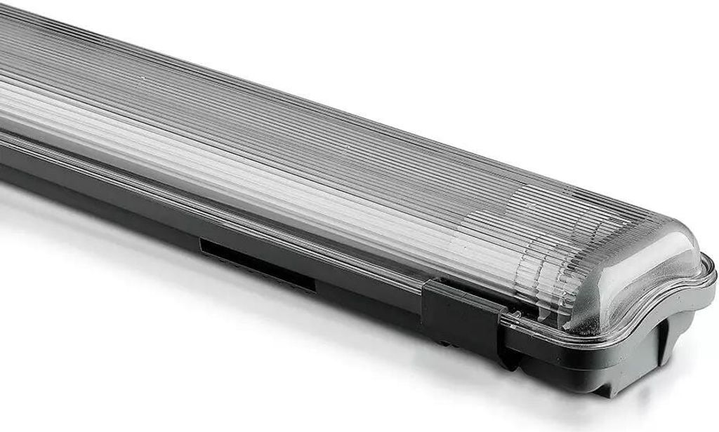 A close-up, studio shot of a long, rectangular LED light fixture.