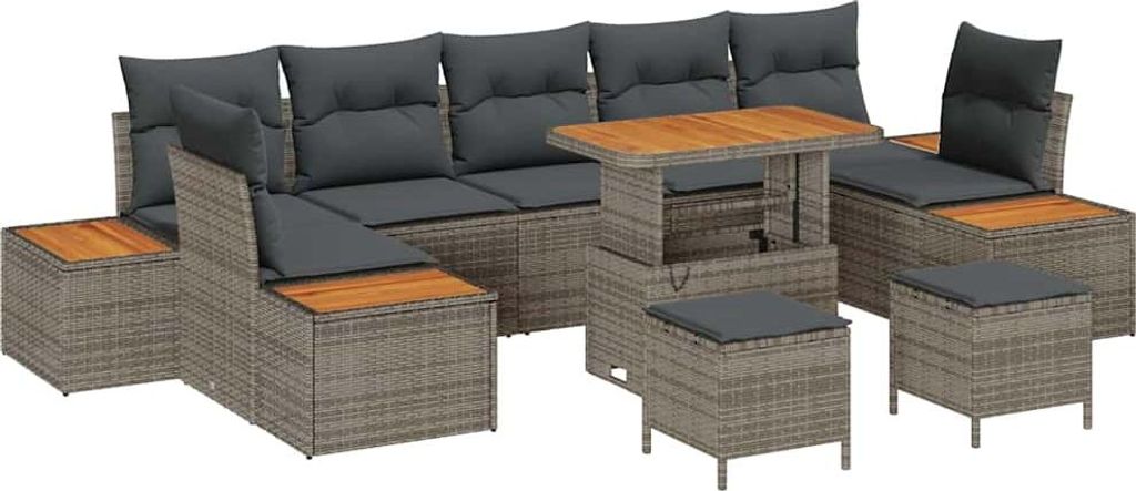 vidaXL Gartensofa-set mit Kissen mit Speicher 10 pcs Grau Poly Rattan
