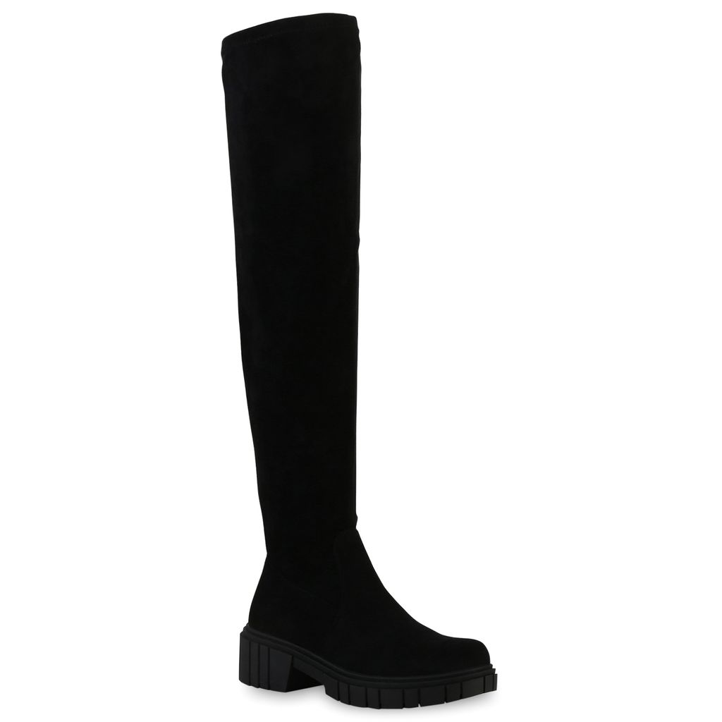VAN HILL Damen Leicht Gefütterte Overknees Stiefel Profil-Sohle Schuhe 839547, Farbe: Schwarz, Größe: 39