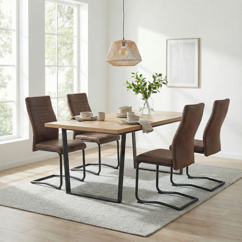 Essgruppe VIDAGO/ALBA mit Tisch und 4 Stühlen, 180 x 90 cm, Wildeiche/Vintage - Esstisch oval mit robustem Metallgestell, Esszimmermöbel im moder...