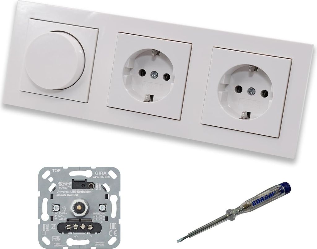 GIRA 245500 LED Drehdimmer Dimmer + Dimmerscheibe Zentralscheibe 065003 und 2 x Steckdose 418803 in Gira E2 reinweiß glänzend inklusive EBROM Pha...