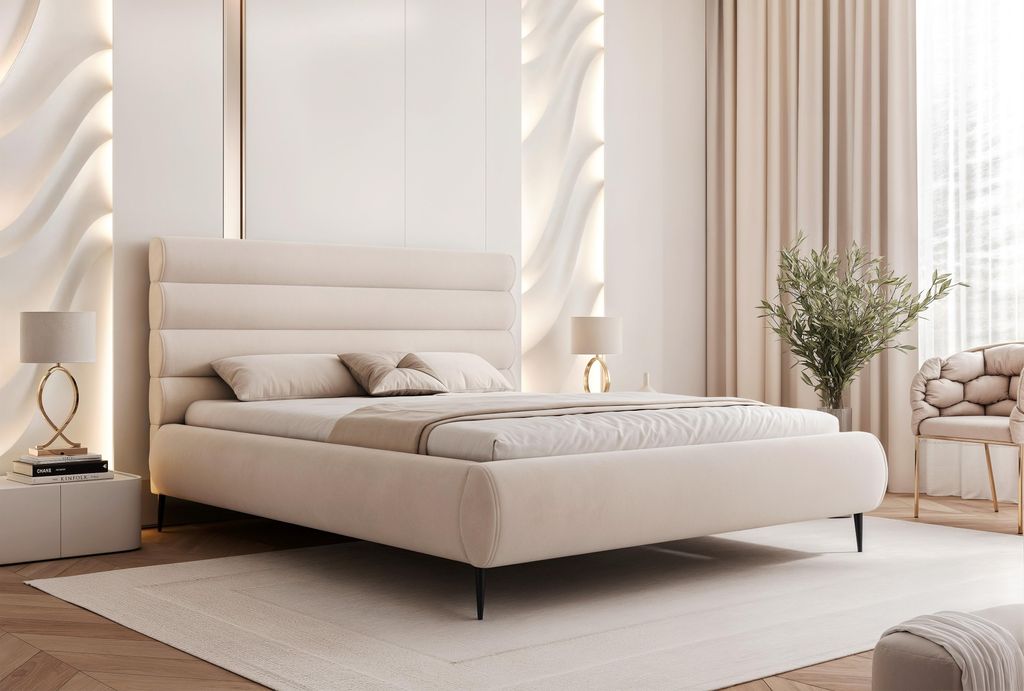 BESILIO Stilvolles Bett mit Stauraum 180x200 Marbella II – Polsterbett auf hohen Beinen, Holzlattenrost – Cremefarben