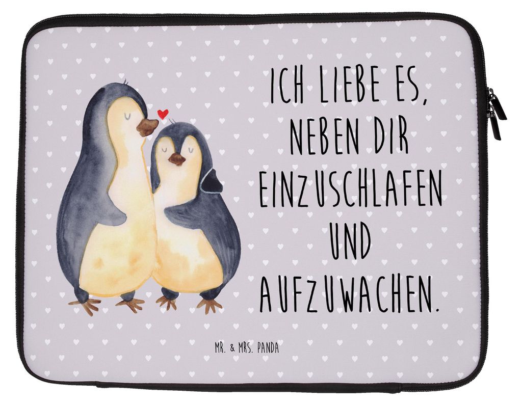 Mr. & Mrs. Panda Notebook Tasche Pinguine Einschlafen 27 x 36 cm - Grau Pastell - Geschenk, Laptop Hülle, Sleeve, Mitbringsel, für Freundin, Hoch...
