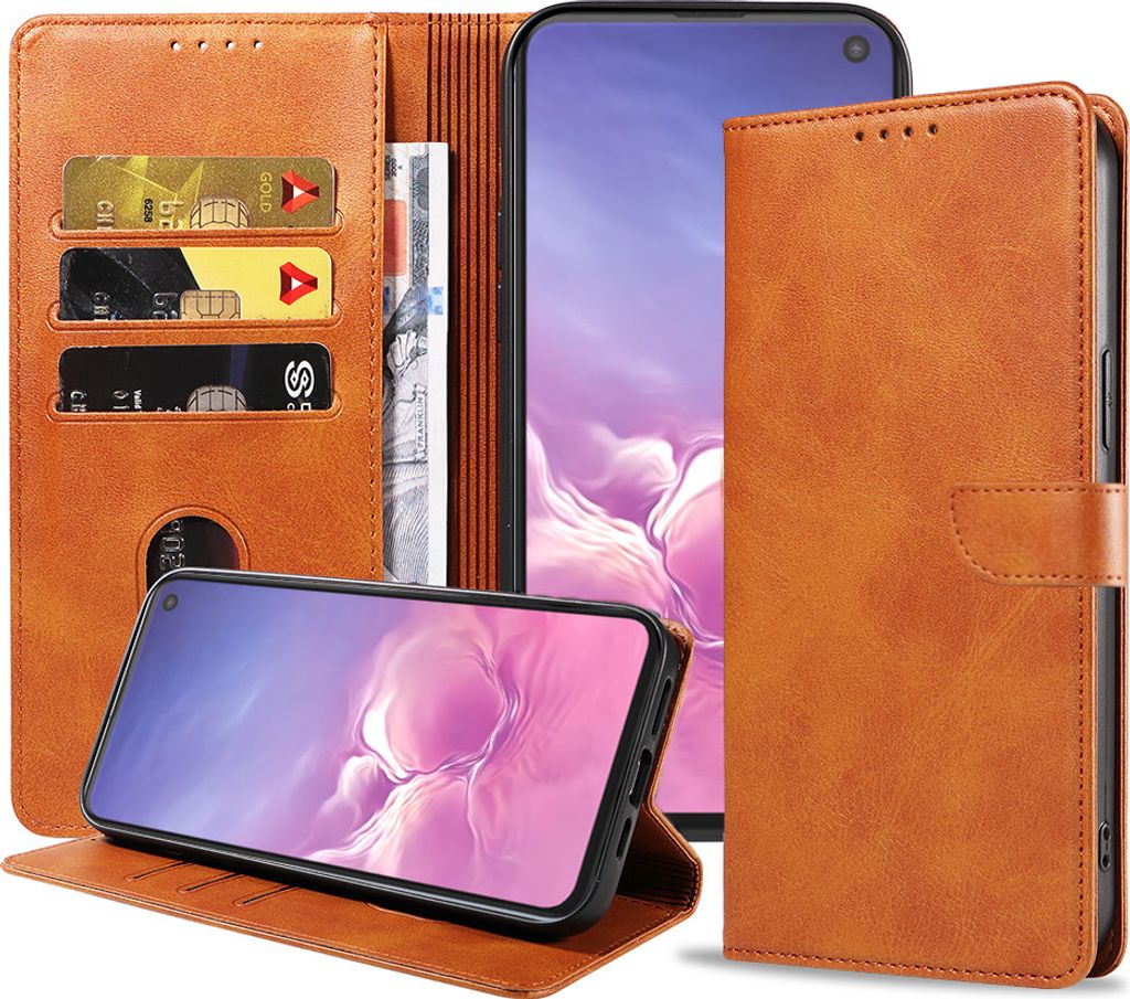Geschikt voor Samsung Galaxy S10E Telefoonhoesje Kunstleer met Magnetisch lipje en Pasjeshouder Book Case met Klepje - Bruin - Smartphonica