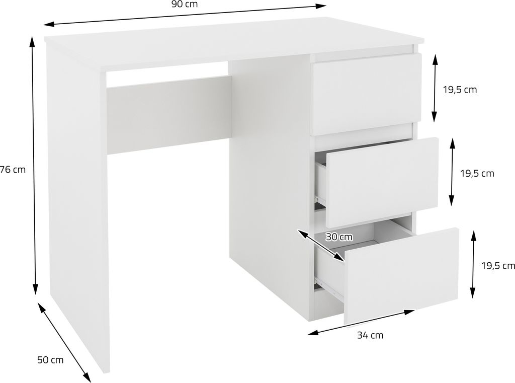 ML-Design Schreibtisch mit 3 Schubladen, 90x76x50 cm, Weiß Produktbild 4