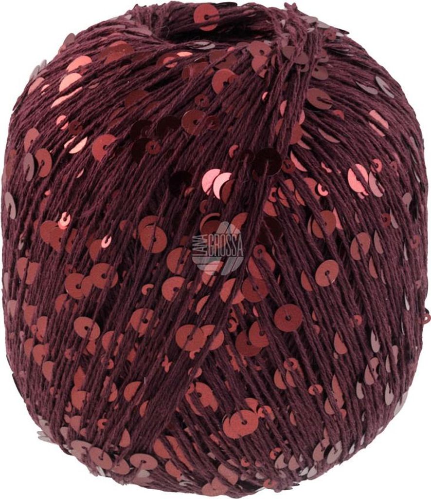 A ball of burgundy yarn with red sequins.