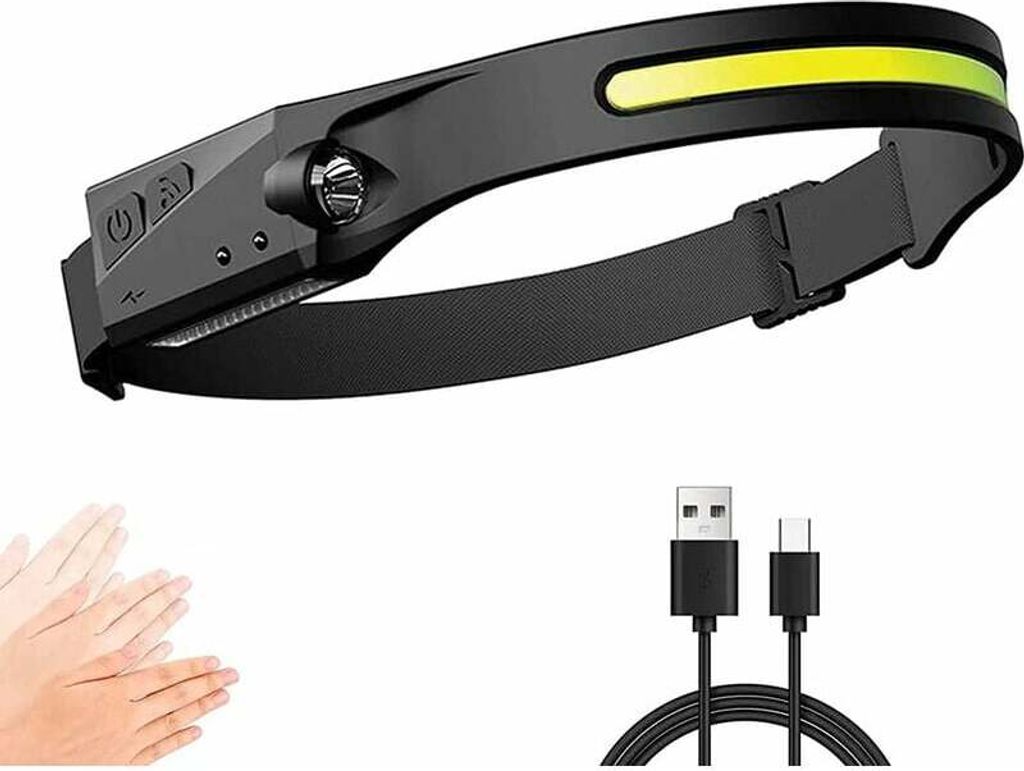 Stirnlampe, leistungsstarke, per USB wiederaufladbare LED-Stirnlampe mit 350 LM, 3 Beleuchtungsmodi, manuelle Induktion, wasserdicht und leicht, zu...