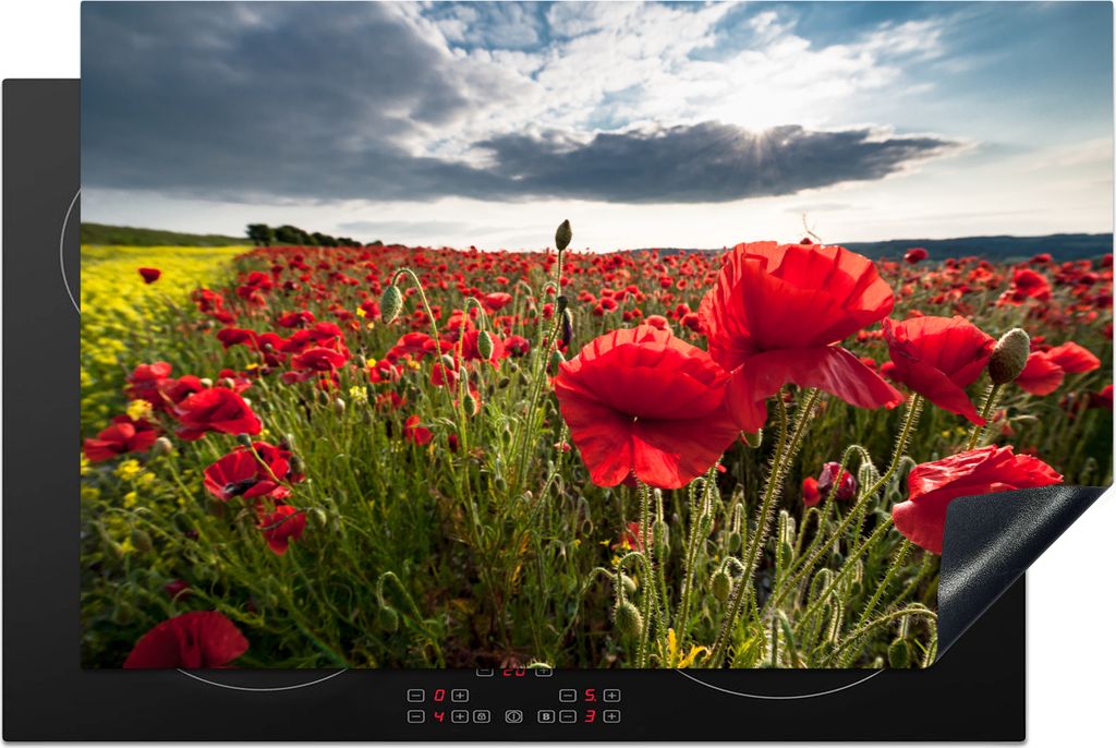 KitchenYeah Herdabdeckplatte Mohnblumen vor einem dramatischen, stürmischen Himmel , 80x52cm, Küche Deko, Ceranfeld Herdabdeckung, Abdeckplatte...