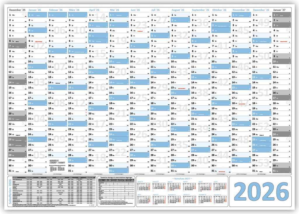 XXL Wandkalender Wandplaner 2026 hellblau (gerollt) DIN A0 Format (841 x 1189 mm) 14 Monate komplette Jahresvorschau Folgejahr und Ferientermine Fe...