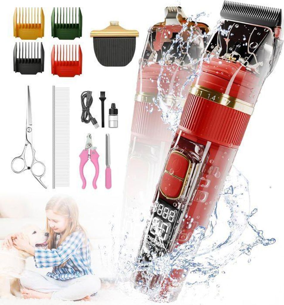 2-in-1 Hunde- und Katzenschermaschine mit Pfotentrimmer, 60 dB leise, IPX7 wasserdicht, professionelle Hundeschermaschine, Rot