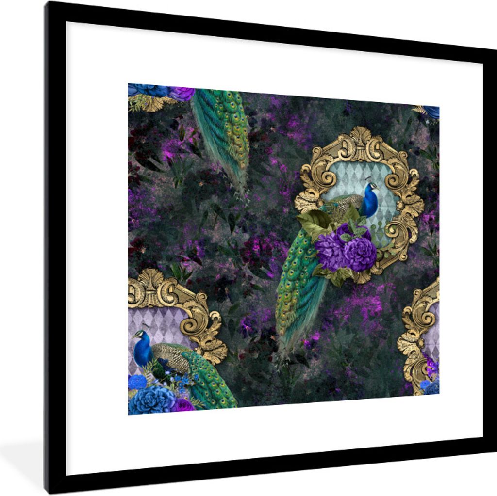 MuchoWow Gerahmtes Poster Muster - Lila - Pfau 40x40 cm - Poster mit Schwarzem Bilderrahmen Wandposter Rahmen Foto Bilder - Poster - Plakat im Ra...