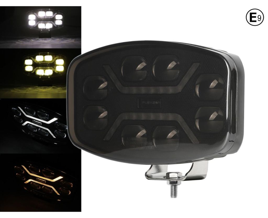 LED-Halogen-Scheinwerfer DRL weiß/gelbes Licht – rauchgetönt – 12–24 V für Geländewagen, Lkw, Landmaschinen u. a.