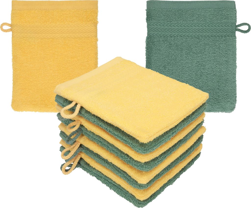 Betz 10 Stück Waschhandschuhe 16x21 cm PREMIUM 100% Baumwolle Farbe: honiggelb - tannengrün