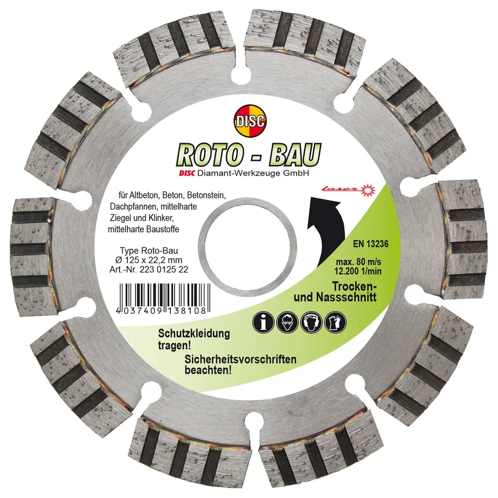 Disque diamanté 125 mm Roto Construction pour coupe à sec et eau 22.2 mm