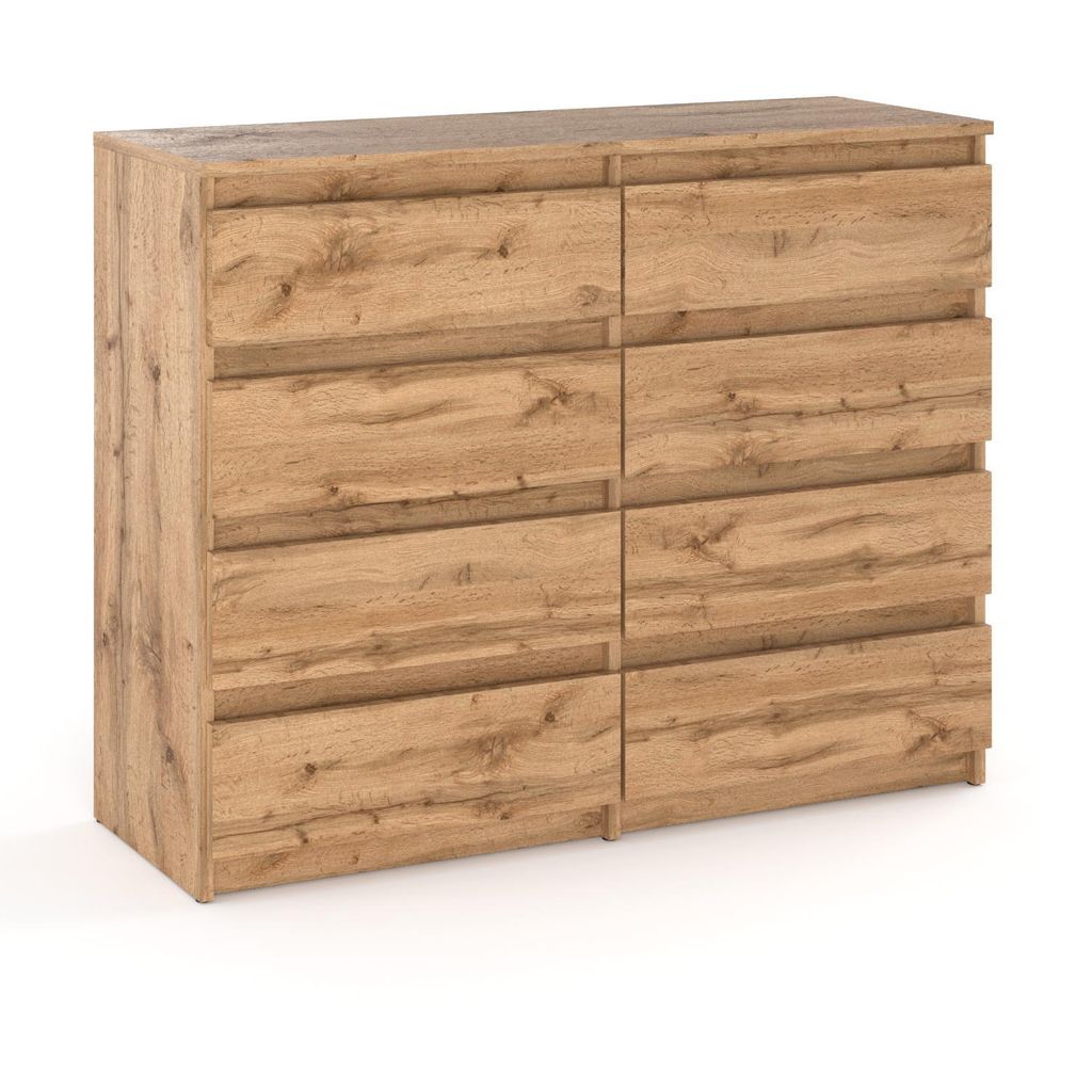 A wooden dresser with eight drawers against a white background.