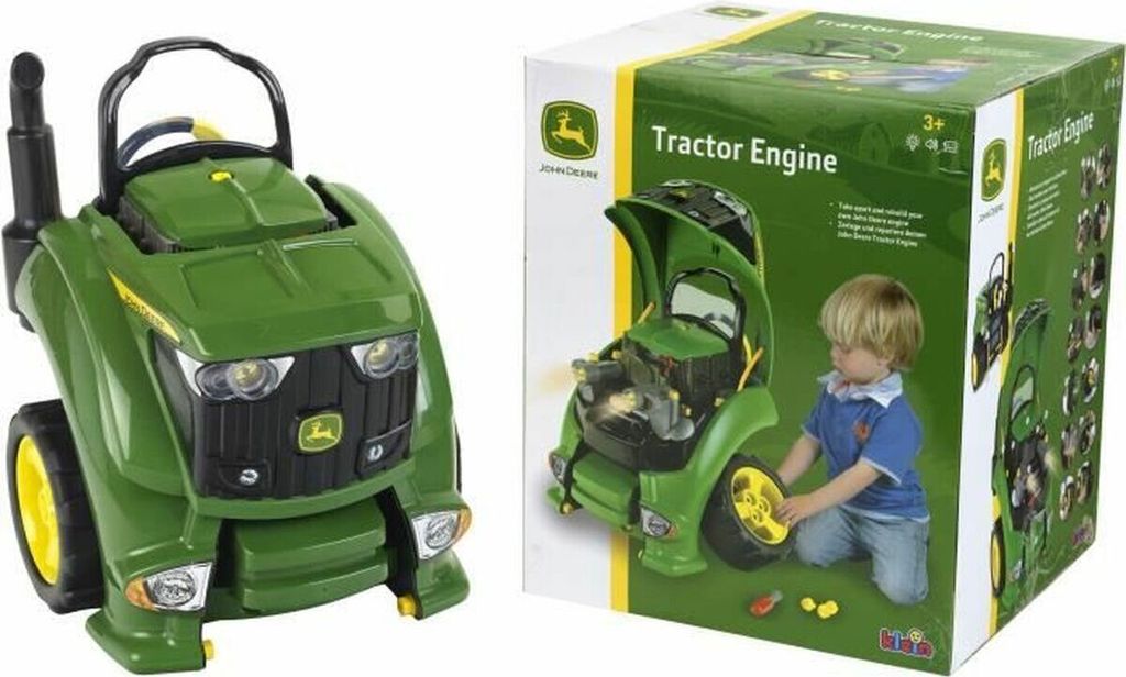 A toy tractor engine and its packaging are shown.