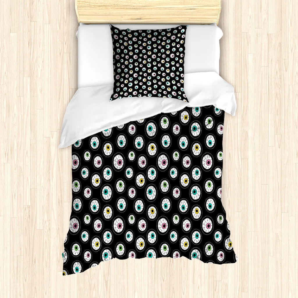 ABAKUHAUS Set copripiumino per letto singolo, occhi cartoon con cerchi tratteggiati, antiacaro e anallergico, con federa, 135 cm x 200 cm - 80 x 80 cm, multicolore