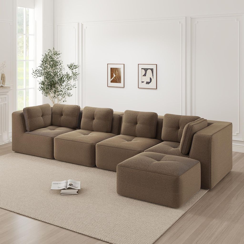 Modulares 4-Sitzer Sofa Cord Couch rahmenlose Wohnlandschaft 32D Schaumstoff Ecksofa 74cm tiefe Sitzfläche mit Kissen rutschfeste Sitzgruppe Wohnz...