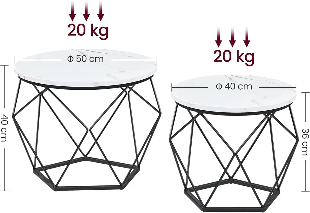 VASAGLE Set 2 Tavolini Rotondi Bianchi e Neri - Design Moderno Soggiorno - 2