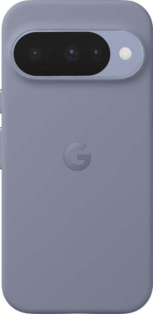 A back view of a purple Google Pixel phone case with the Google 'G' logo embossed in the center.