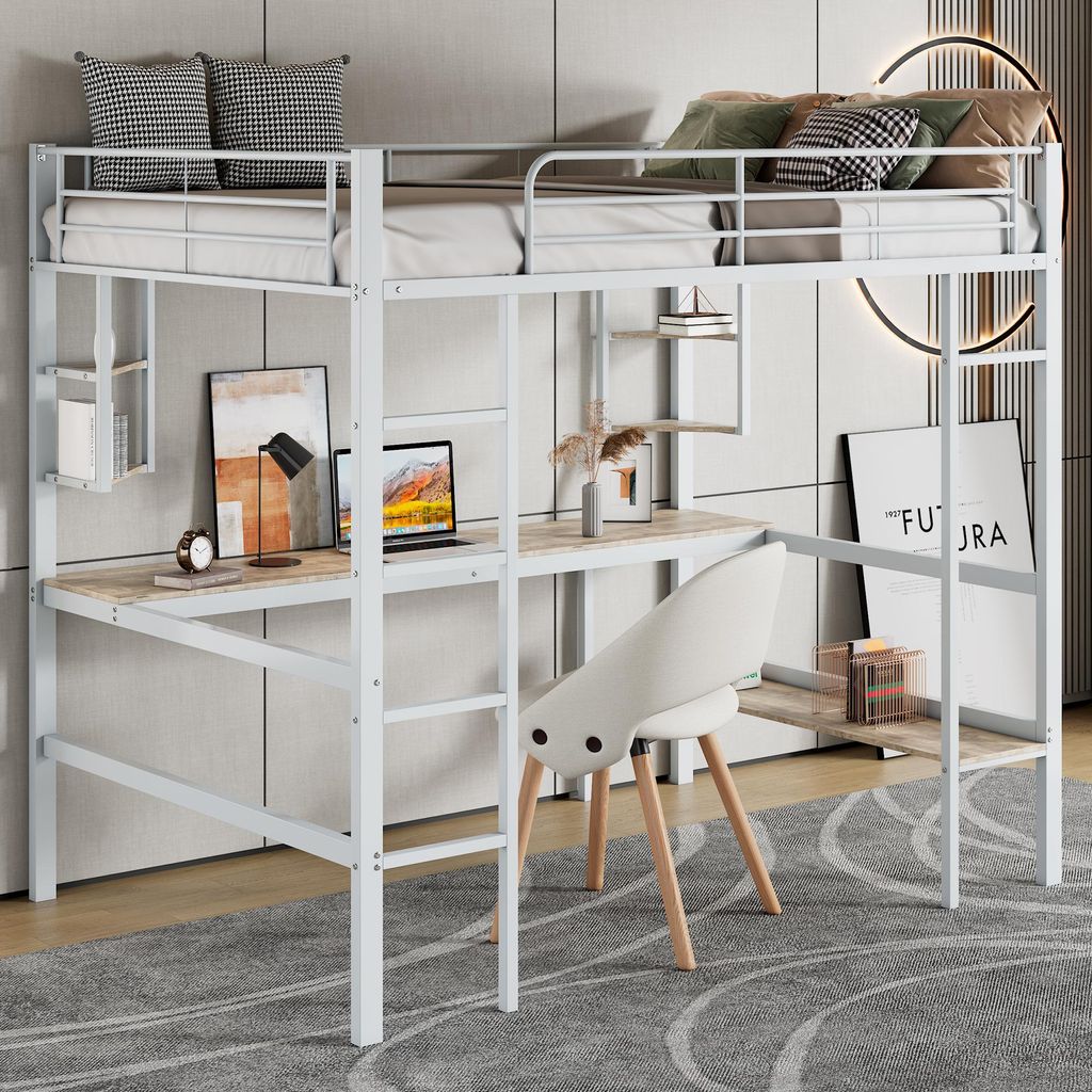 A loft bed with a desk and shelves, set up in a room.