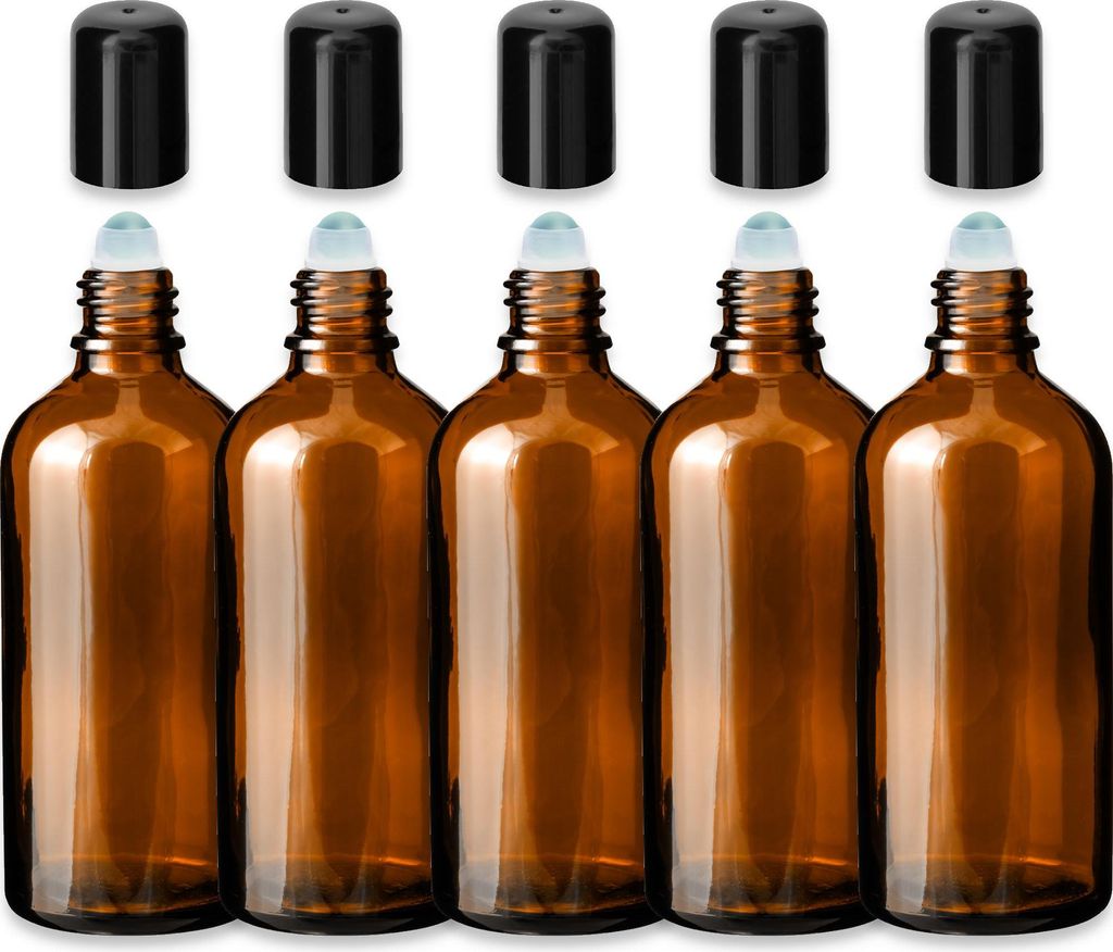 5x Braune Glasflasche 100 ml Roll On mit schwarzer Kappe Nachfüllbar