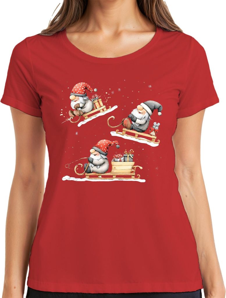 Weihnachtswichtel Schlitten Geschenke Winter niedlich Retro Damen T-Shirt, Rot, L