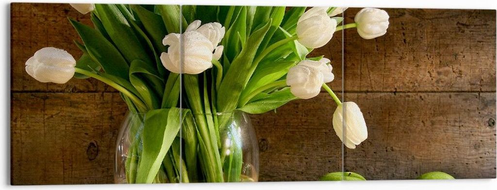 Bild auf Leinwand - Leinwandbild - Tulpen Apfel Blumenstrauß Frühling - 150x50cm - Wand Bild - Wanddeko - Leinwanddruck - Bilder - Kunstdruck - L...