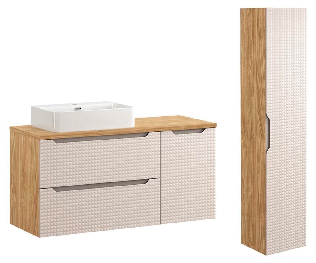 Waschtisch und Hängesäule 120cm Mallory mit 2 Schubladen, Beige und Holzoptik