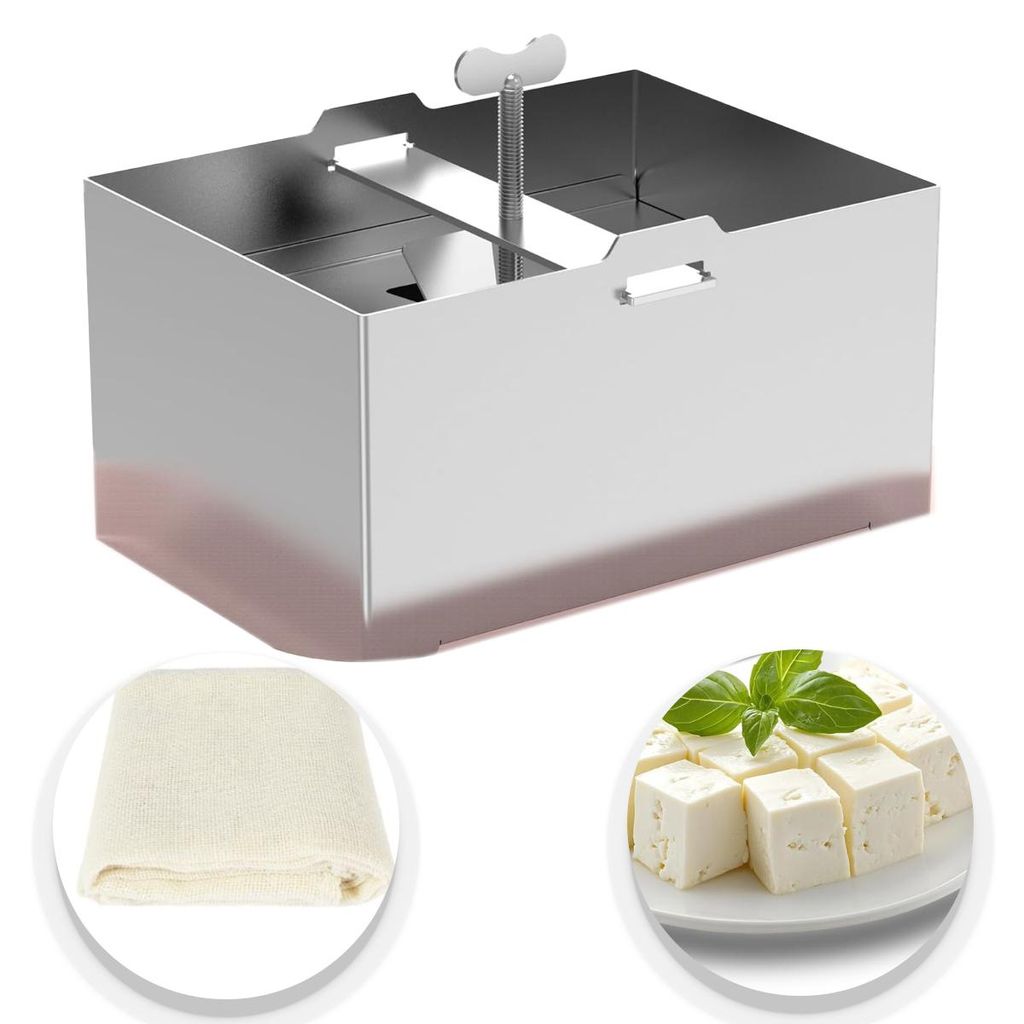 A stainless steel tofu press with a folded cloth and cubed tofu.