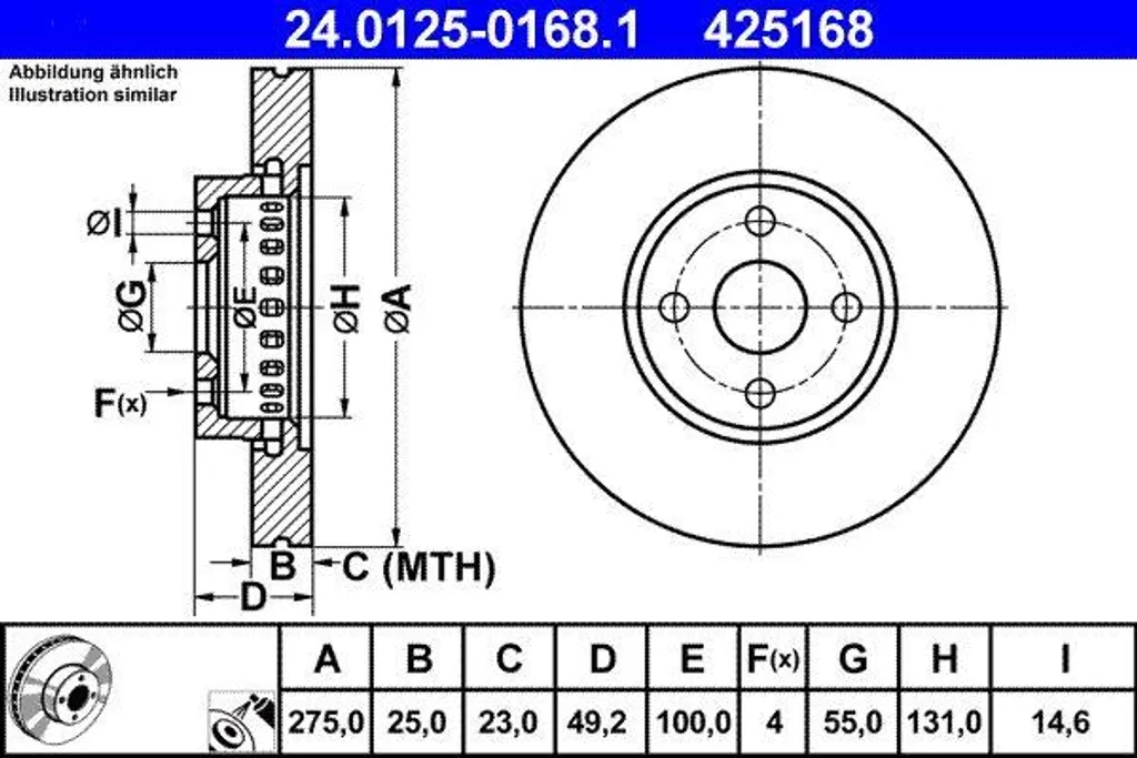 Disque de frein de remplacement pour Corolla et Matrix ATE 24.0125-0168.1