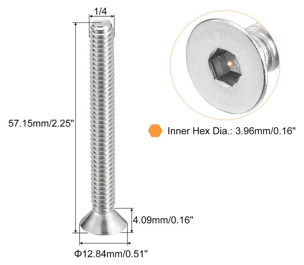 5 Stk 1/4-20x2-1/4" Flach Senkkopf Steckdose Kappe Schrauben 304 Edelstahl Sechskant Steckdose Flachkopf Schrauben Voll Gewinde Senkkopf Bolzen