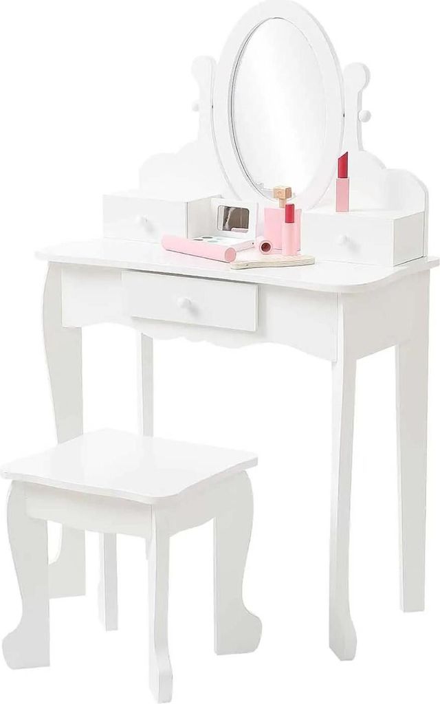 Kinderschminktisch - Frisiertisch-Set mit Stuhl - Verstellbarer Spiegel - Schublade - Weiß