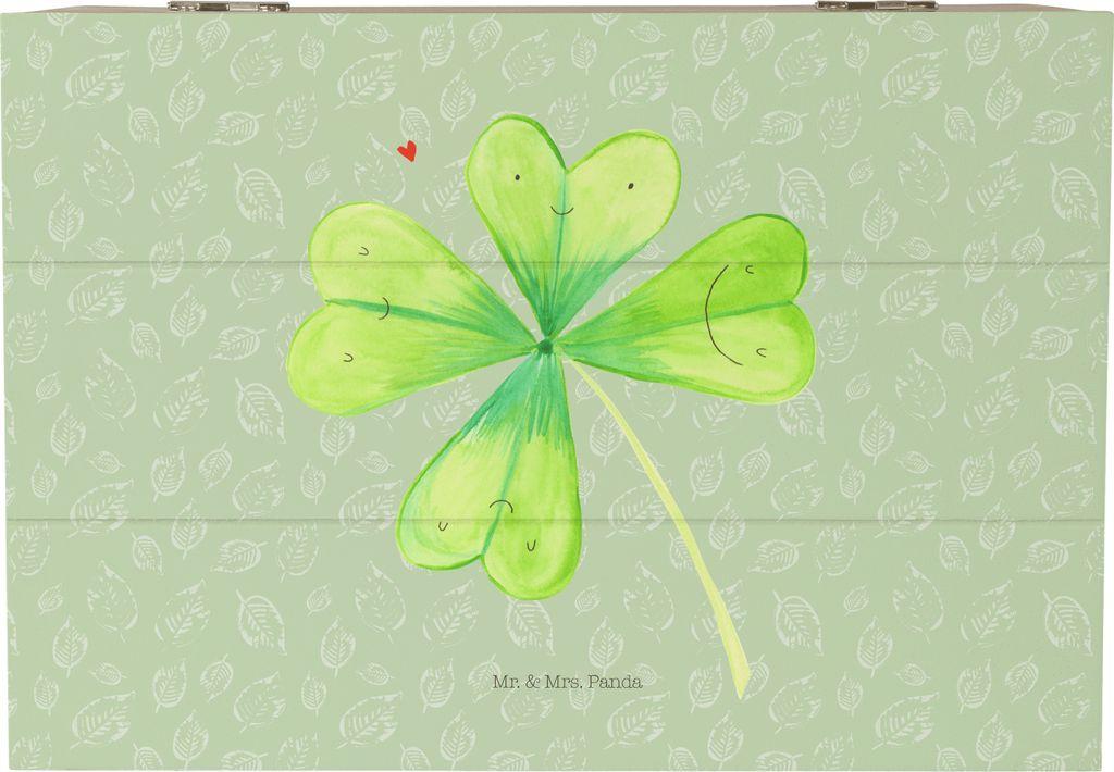Mr. & Mrs. Panda Kiste Blume Kleeblatt 22 x 15 cm - Blattgrün - Geschenk, Garten, Glücksbringer, Motivation, Holzkiste mit Deckel, Umzug, schatzt...