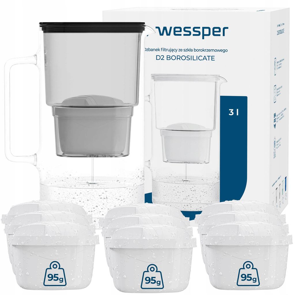 Wessper D2 BOROSILICATE Wasserfilterkanne 3 L Schwarz – Produktbild 