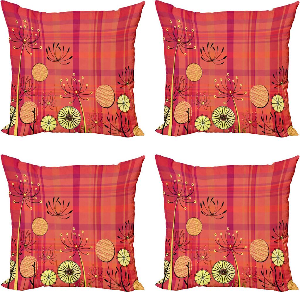 ABAKUHAUS Blumen Kissenbezug Set (4 Stück), Umbellifer Blumen Tartan, Moderner Doppelseitiger Digitaldruck, 50 cm x 50 cm, Gelb, Dunkel, Coral