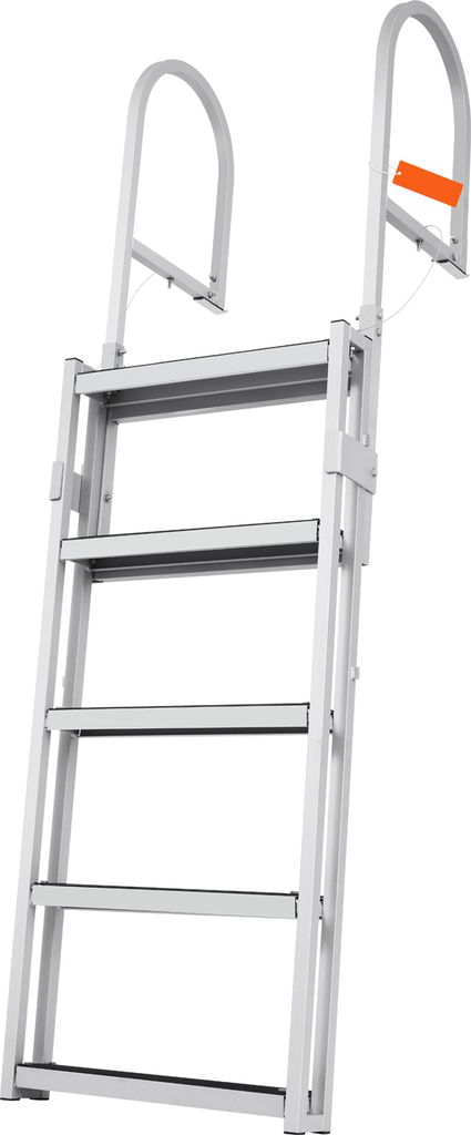 A silver aluminum ladder with orange accents, shown against a white background.
