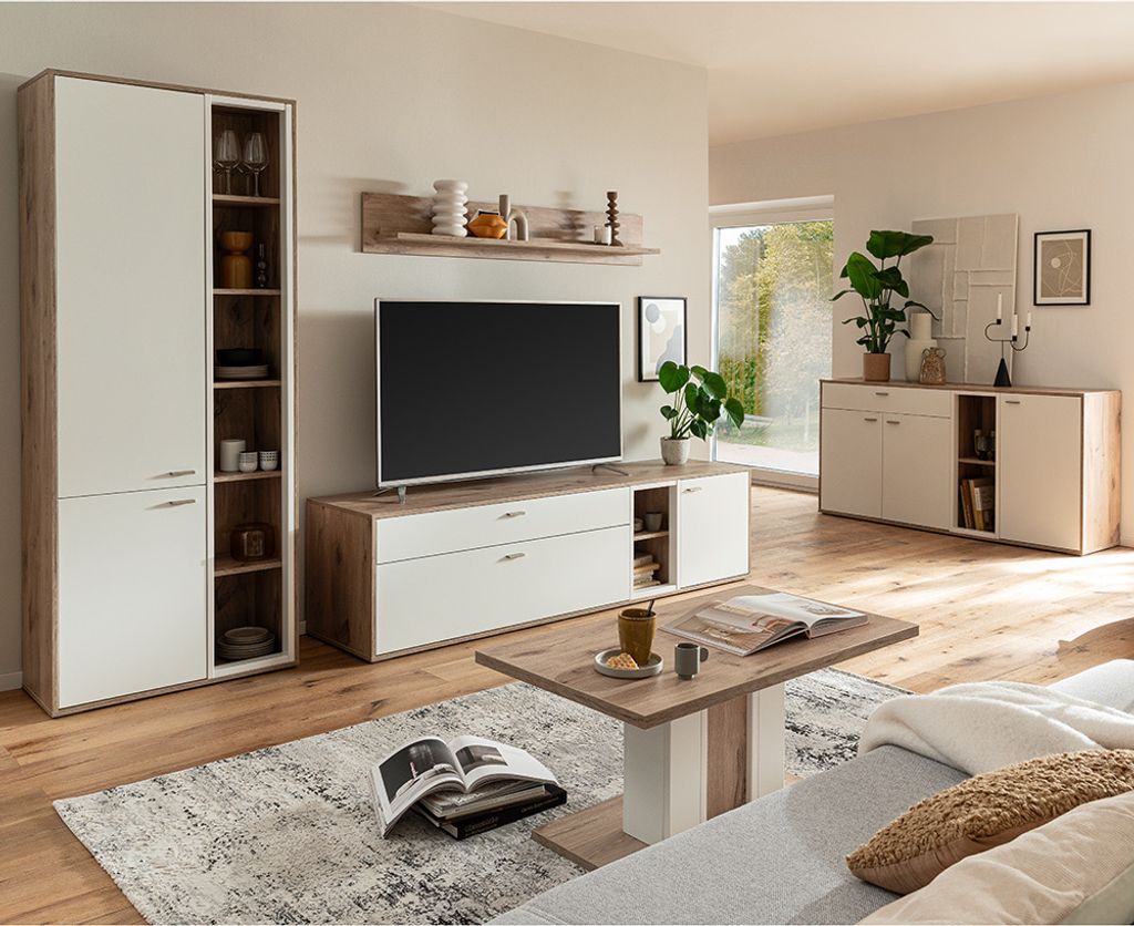 Wohnmöbel Set in Eiche und weiß modern mit Couchtisch, 5-teilig - SAGUNTO-05